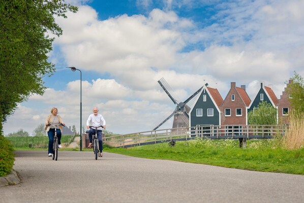 En asfalteret sti med en mølle og traditionelle huse i baggrunden.