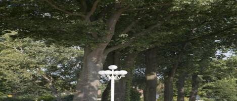 A street lamp with a spherical light fixture, surrounded by a stone base and red flowers.