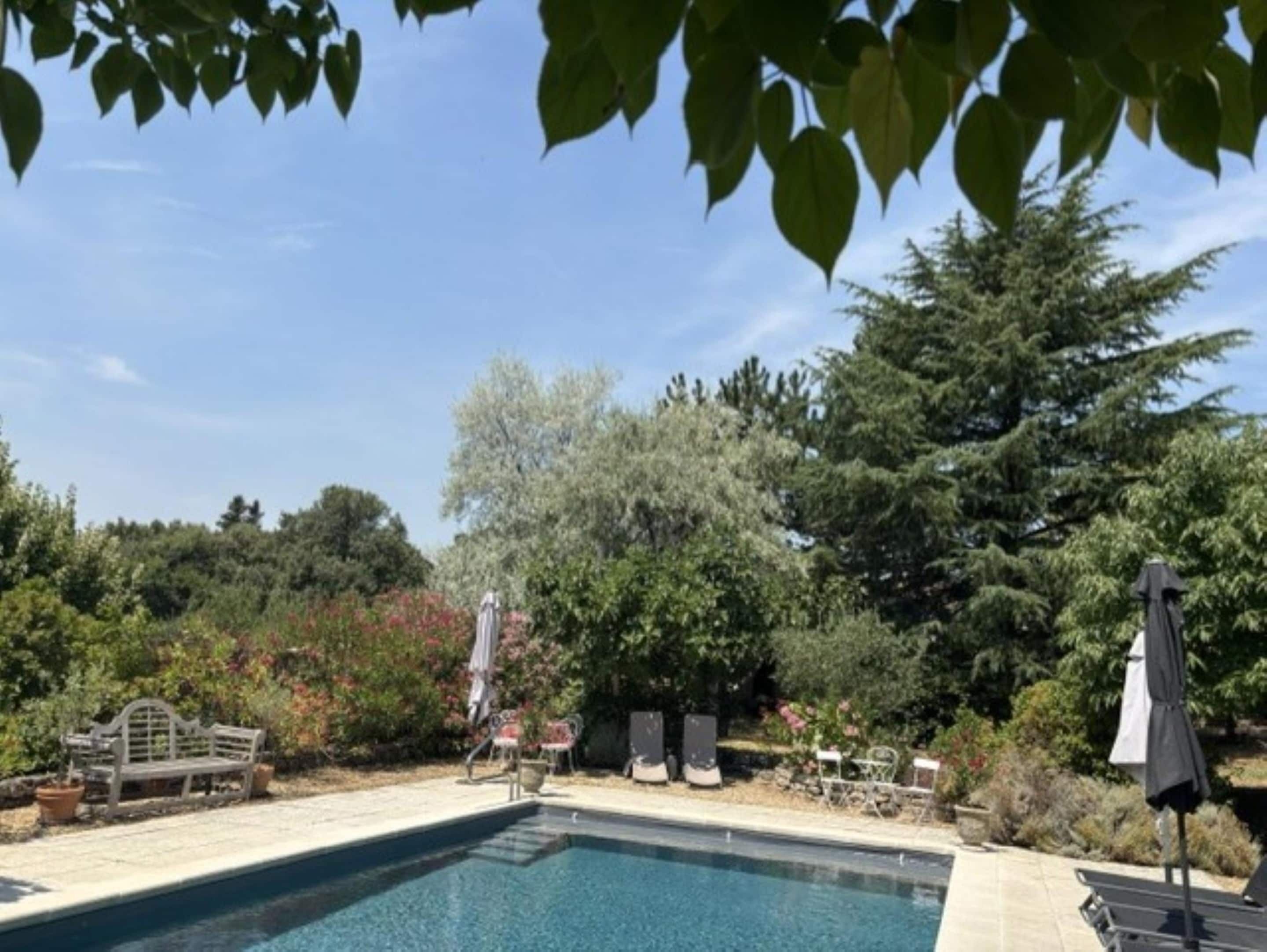 A swimming pool with a bench and chairs, surrounded by trees and shrubs.