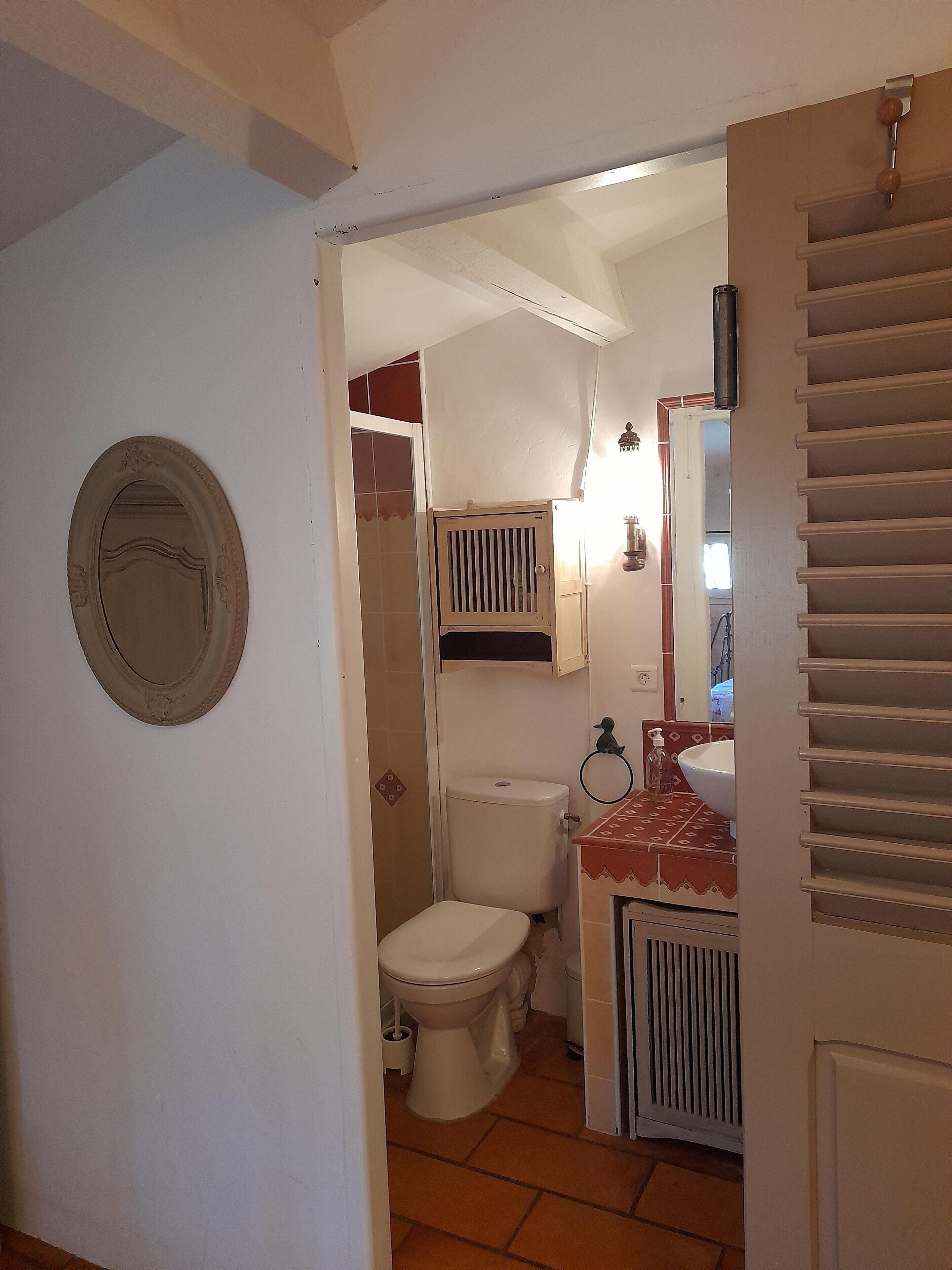 A compact bathroom with a toilet, sink, and shower area.