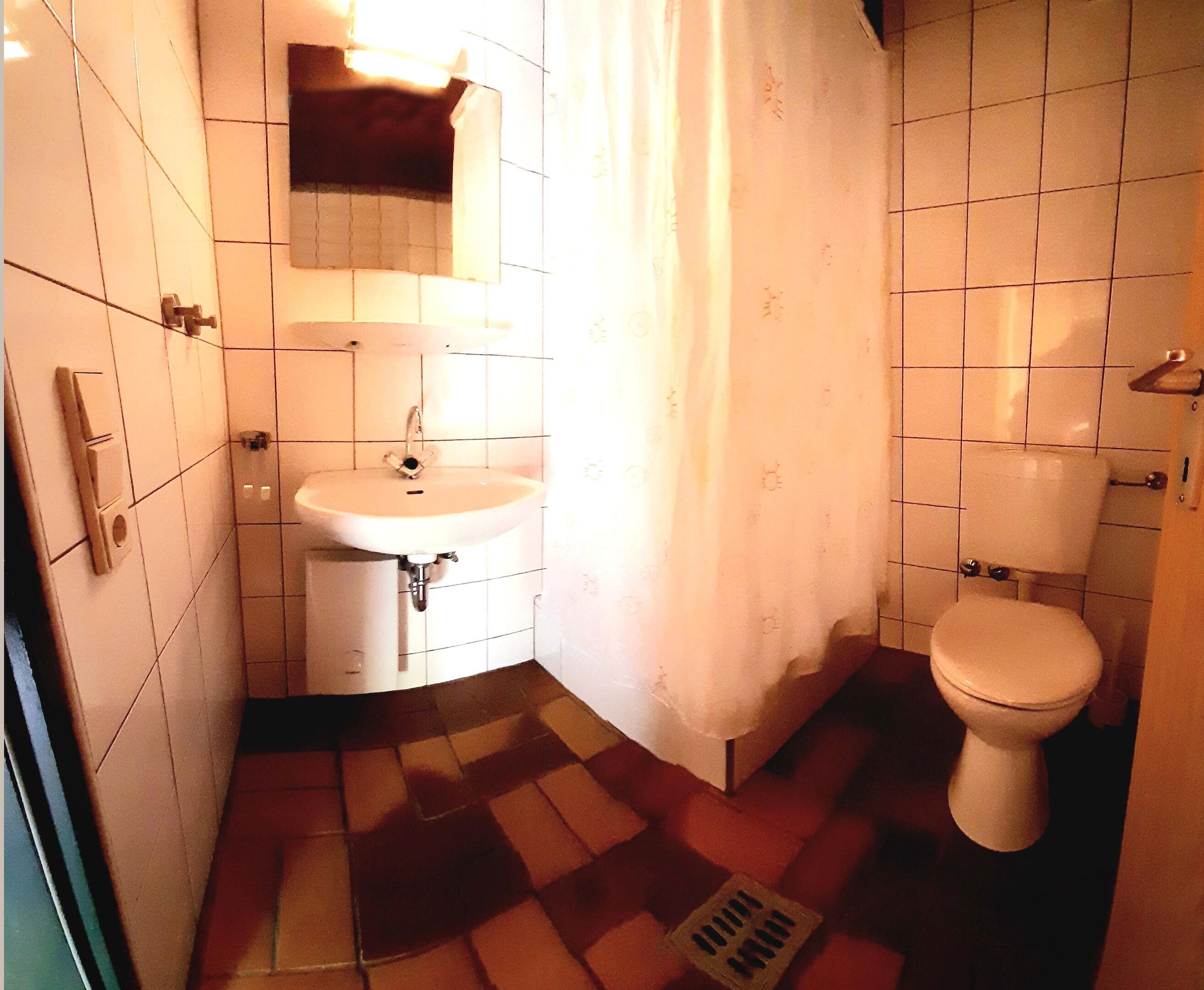 A small bathroom with a sink, toilet, and a mirror above the sink.