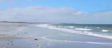 A beach with waves, a clear sky, and distant land.