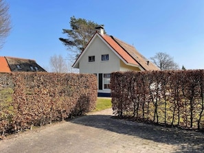 A house with a paved driveway, a thatched roof, and a hedge in front.