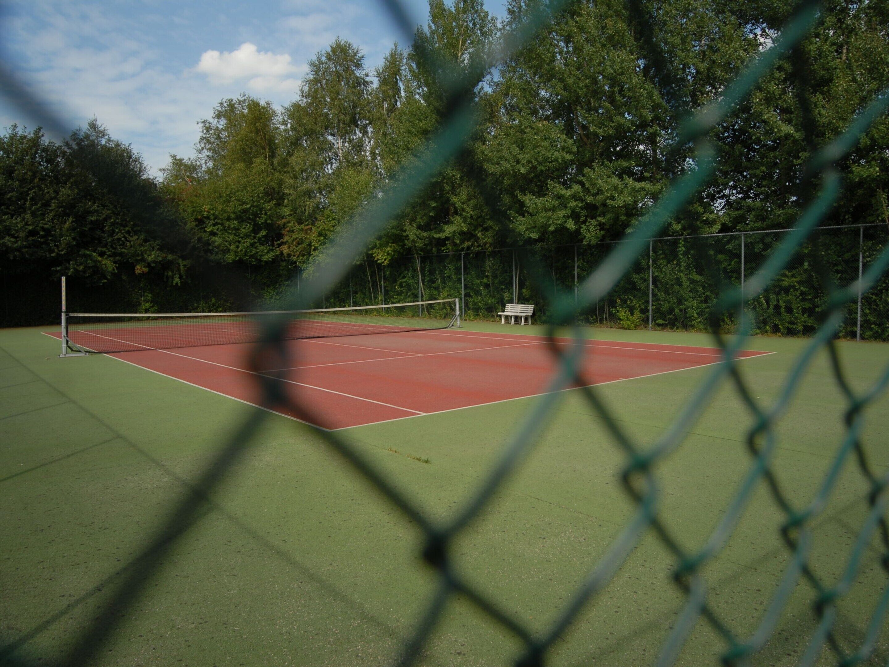 Een tennisbaan buiten met een net, omgeven door bomen.