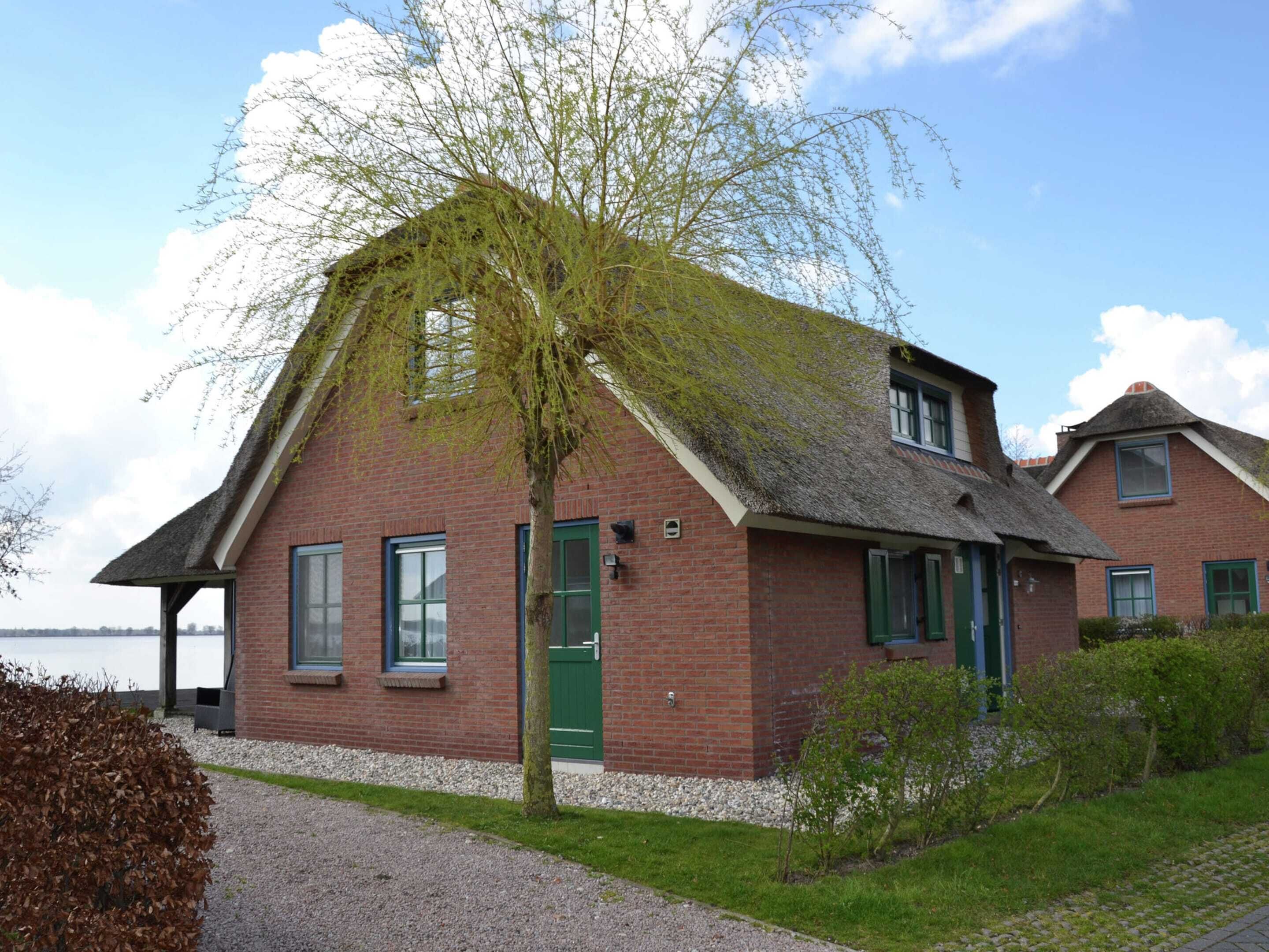 A red brick house with a green door and windows, a thatched roof, and a tree in front.