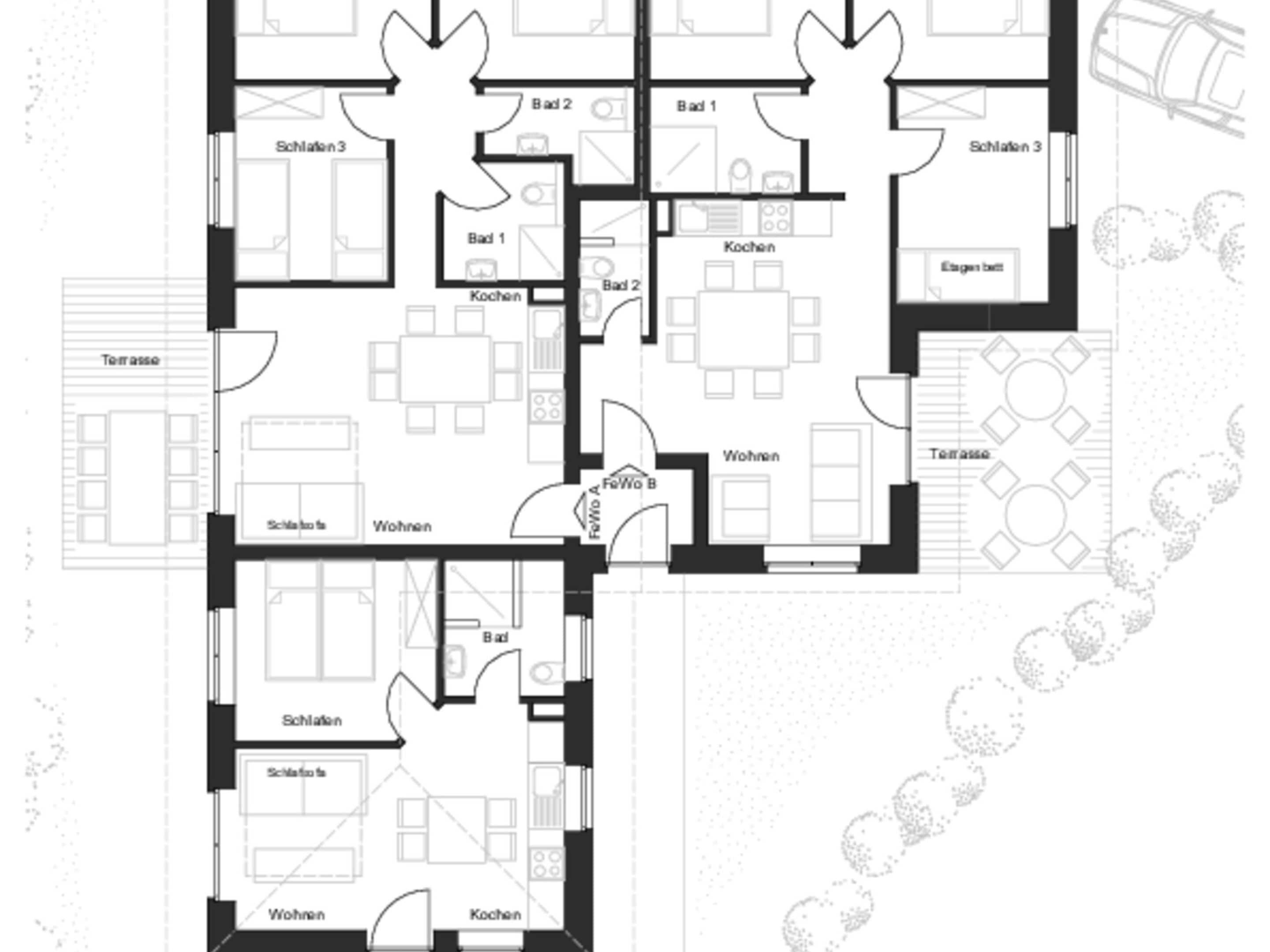 A floor plan of a hotel with multiple bedrooms, a kitchen, a living area, and a terrace.