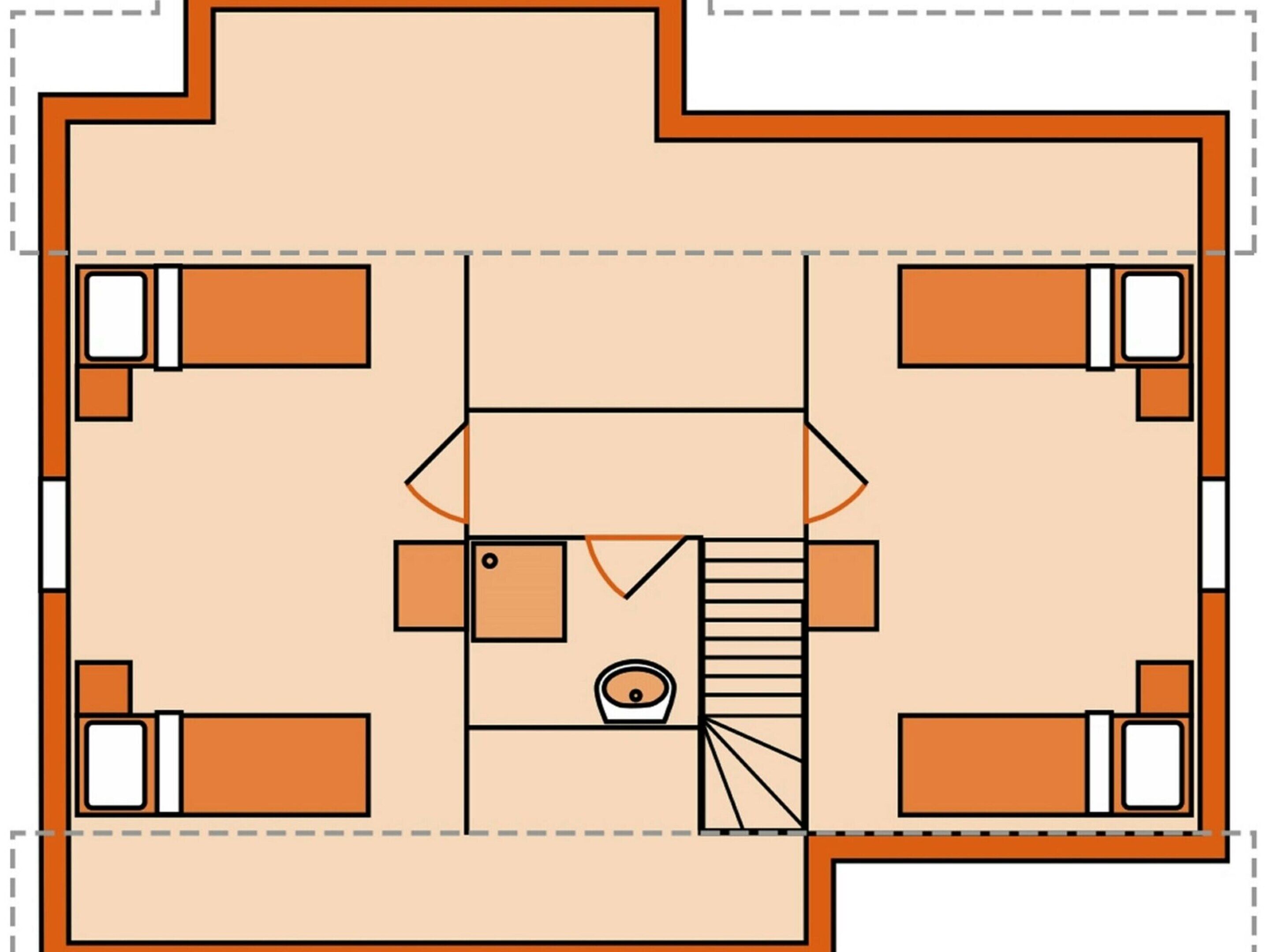 A floor plan with a central seating area, a staircase, and four bedrooms.