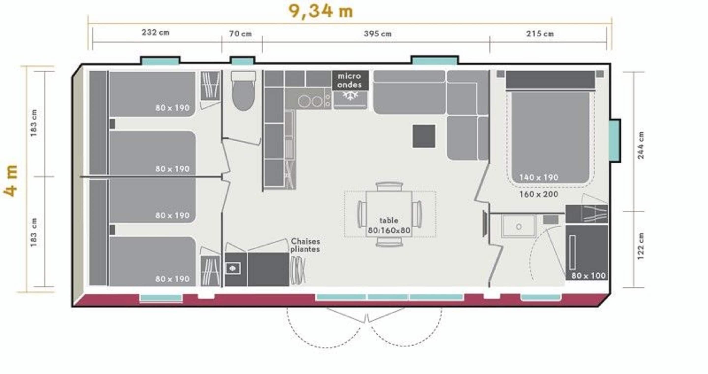 A floor plan of a 9.34 m x 4.3 m apartment with three 80 x 190 m rooms, a 140 x 190 m living area, a 160 x 200 m dining area, and a 80 x 100 m bathroom.