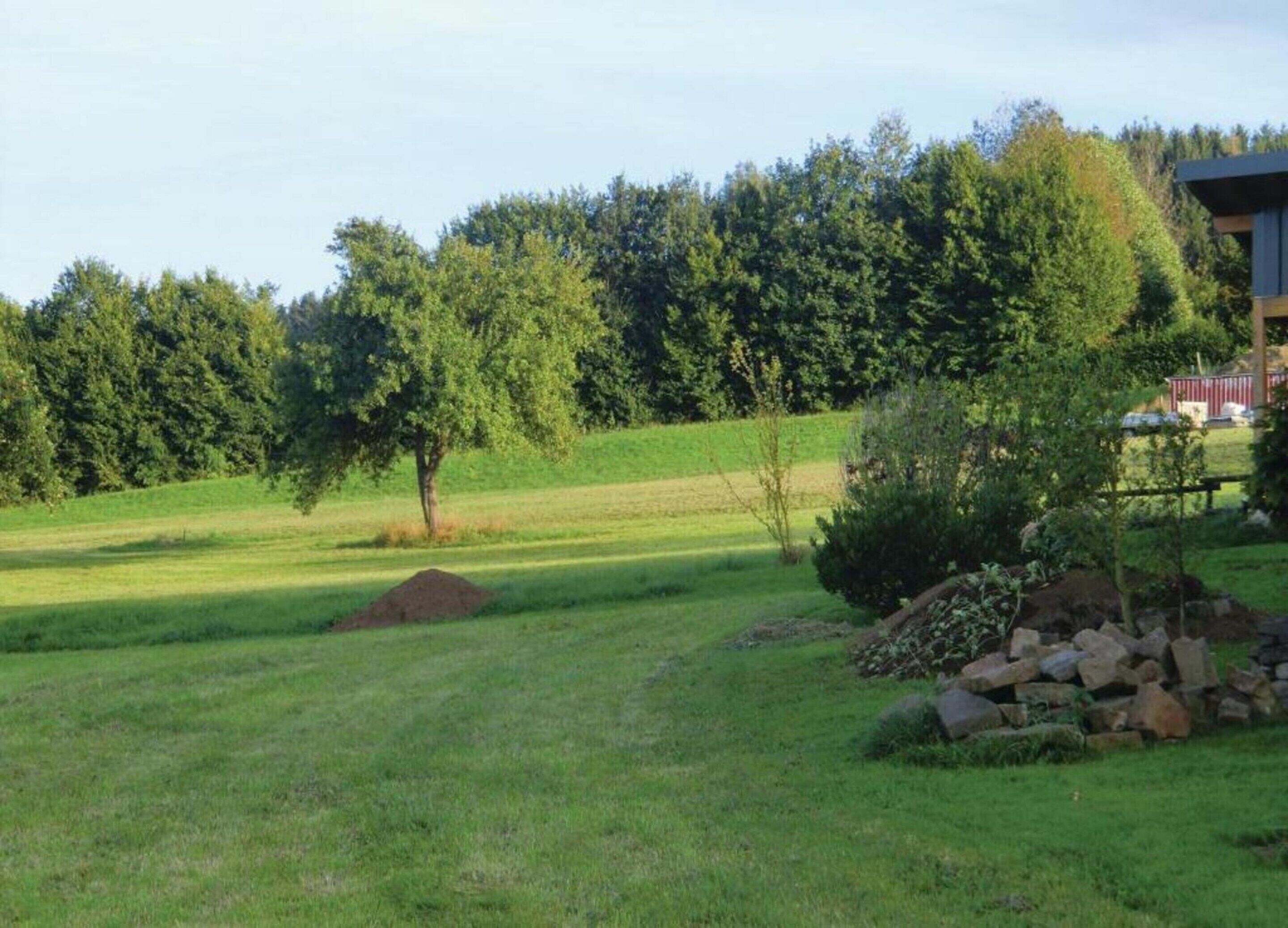 A grassy field with a small pile of rocks and a tree in the foreground.