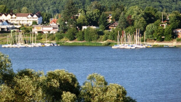 A lakeside view with houses and sailboats.