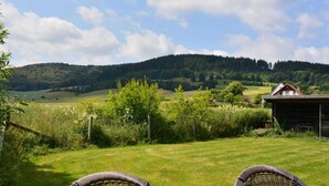 A grassy outdoor area with two wicker chairs, a wooden fence, and a view of a forested hill in the background.