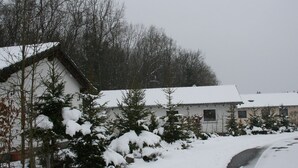 Une route de campagne enneigée mène à un bâtiment blanc doté d’un toit en pente, entouré d’arbres chargés de neige et avec une forêt en arrière-plan.