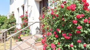 Un bâtiment avec un escalier menant à une porte, le tout entouré de roses rouges et d’autres plantes.