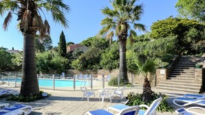Un espace aménagé au bord de la piscine, avec des chaises longues, des palmiers et une vue dégagée sur la piscine.