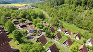 A residential area with houses featuring sloped roofs, surrounded by lush greenery and a river. - Holiday Home in Germany With Idyllic Nature (Ronshausen)