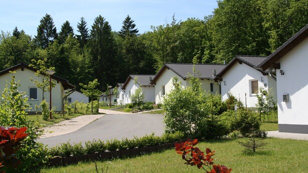 A row of white houses with dark roofs, surrounded by greenery and trees. - Bungalow in Eifel Near Mountain Trails (Gerolstein)