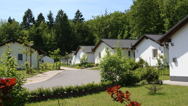 A row of white cottages with sloped roofs, surrounded by greenery and trees. - Bungalow in Eifel Near Mountain Trails (Gerolstein)