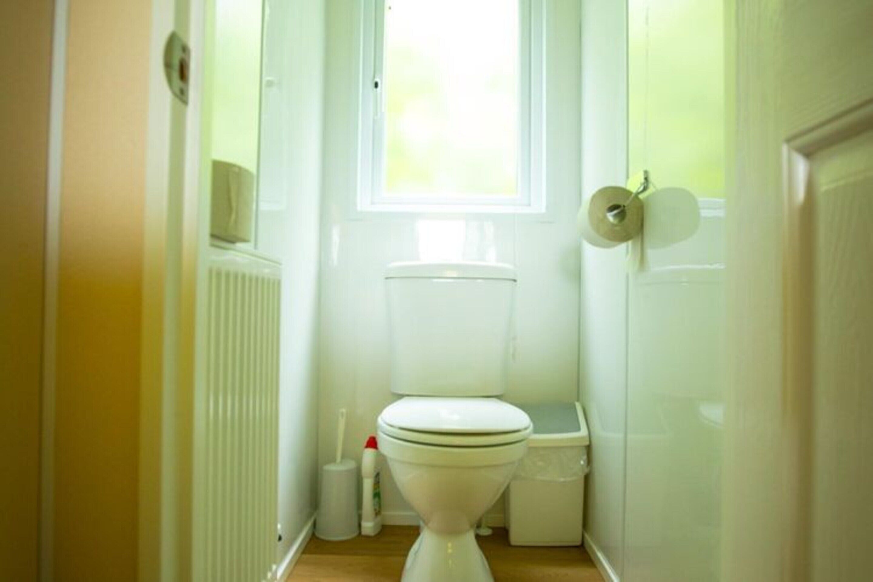 A small, narrow bathroom with a toilet, a radiator, a window, and a trash bin.