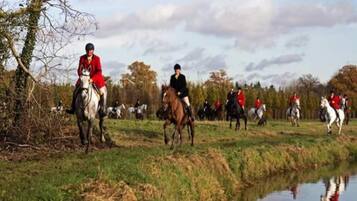 A group of people riding horses along a path beside a body of water.