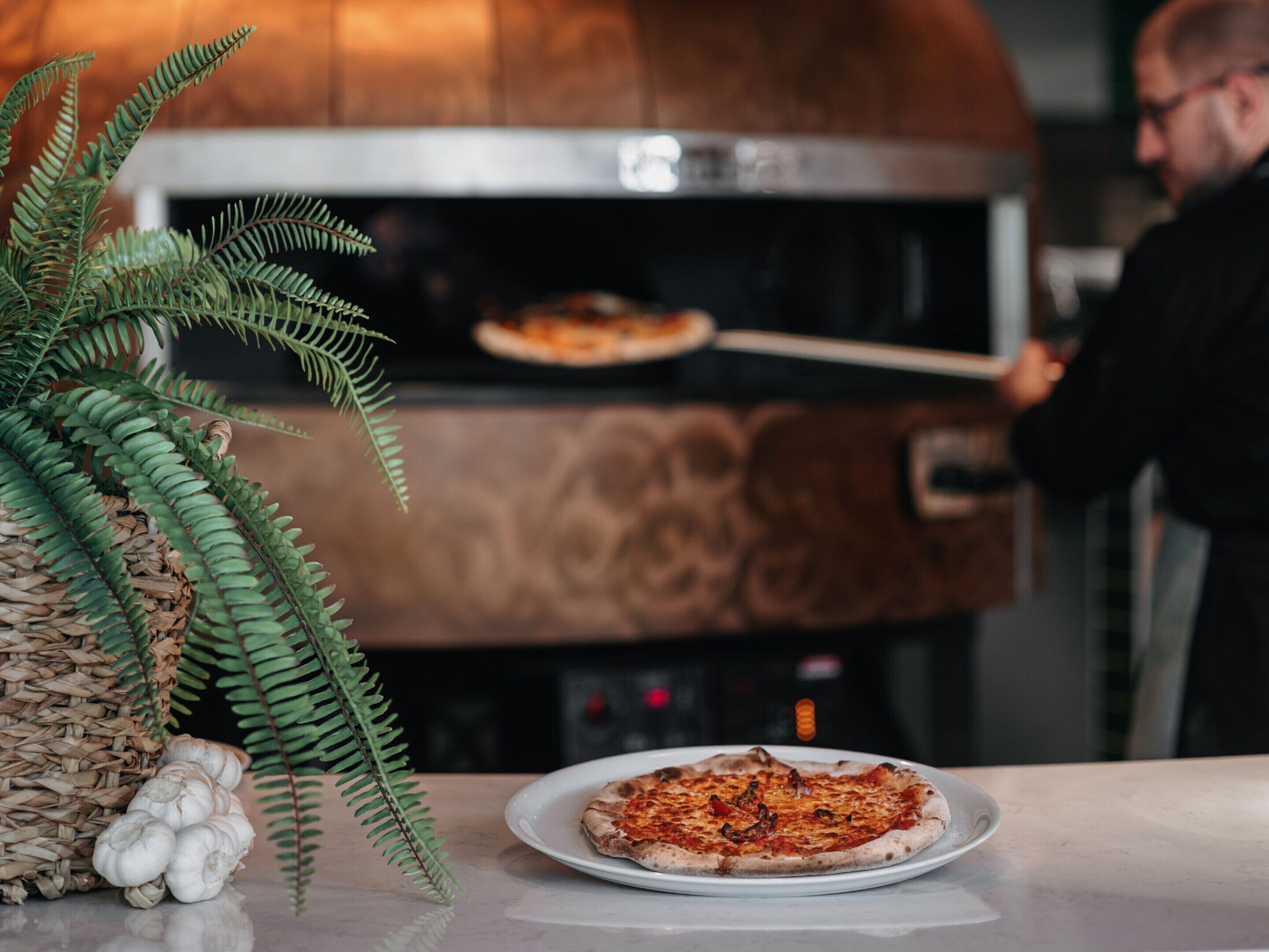 A pizza oven with a pizza inside, a plate with a pizza, and a plant with fern leaves.