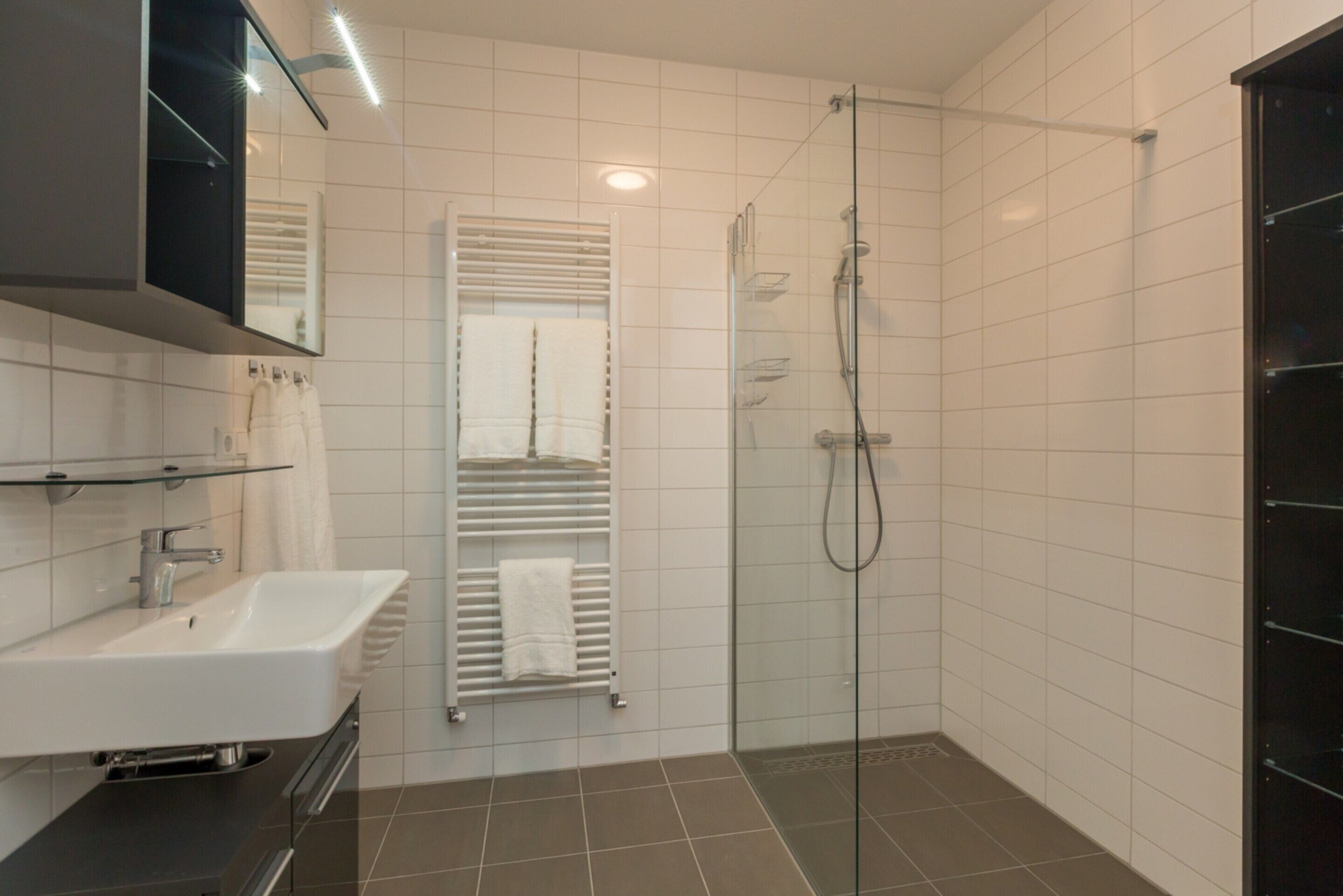 Ein modernes Badezimmer mit einer gläsernen Dusche, einem weißen Waschbecken und einem Handtuchhalter.