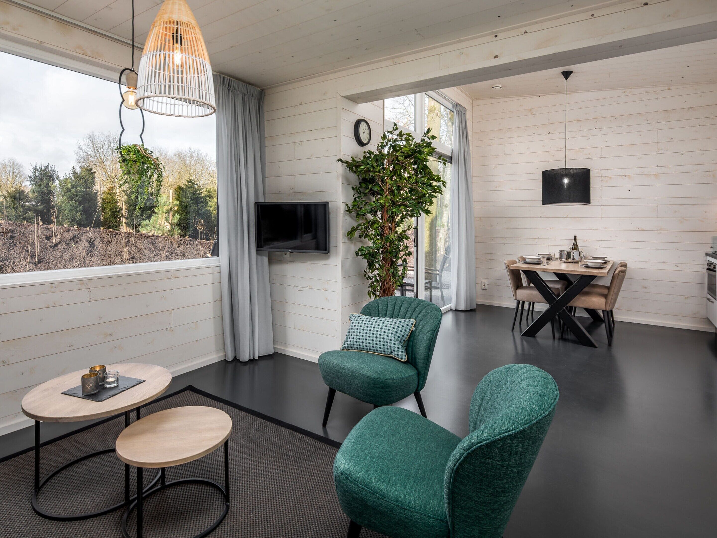 A modern living room with a dining area, large windows, a flat-screen TV, and a potted plant.