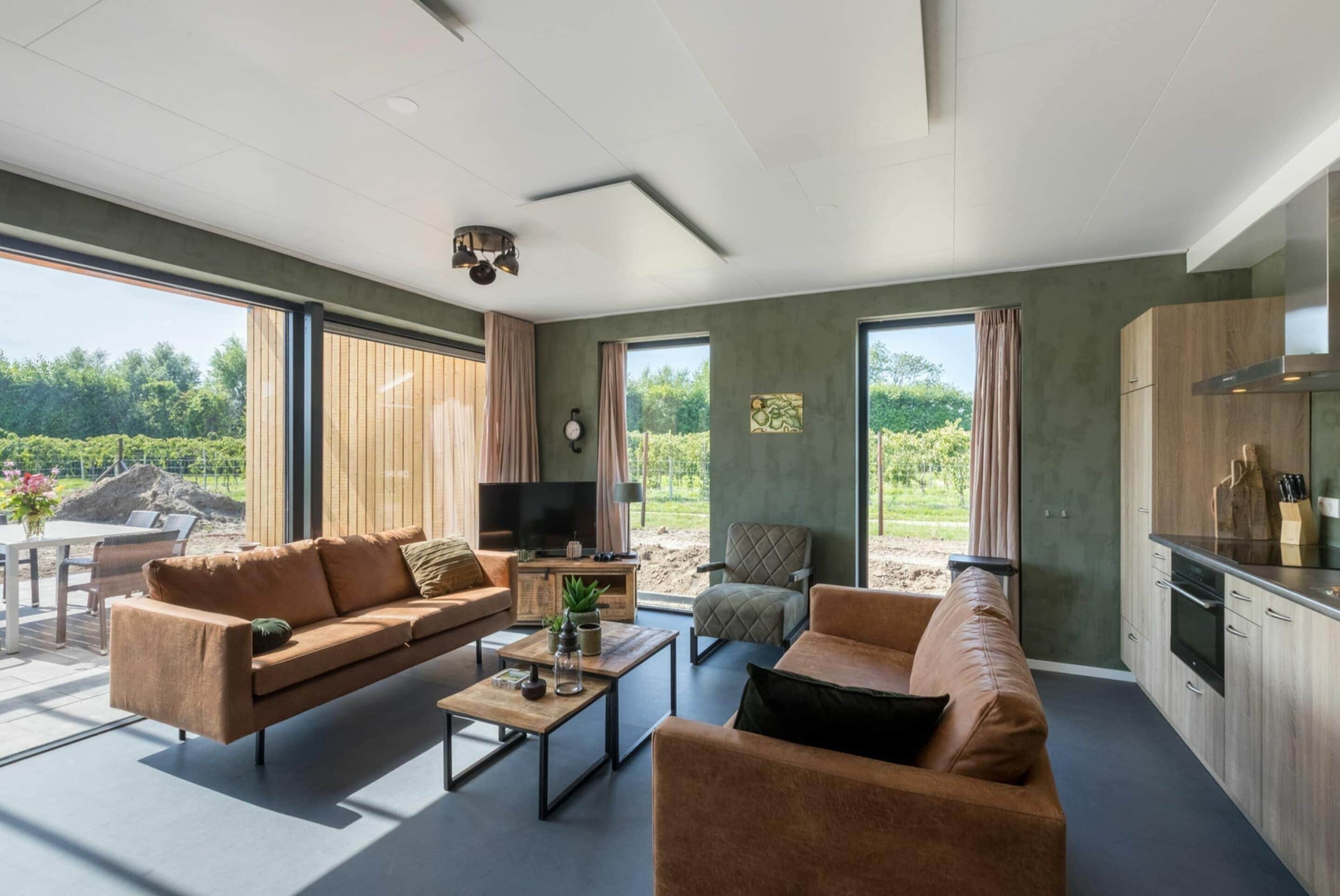 A modern living room with a sofa, coffee table, and TV, a dining area with a table and chairs, and a kitchen with cabinets and appliances.