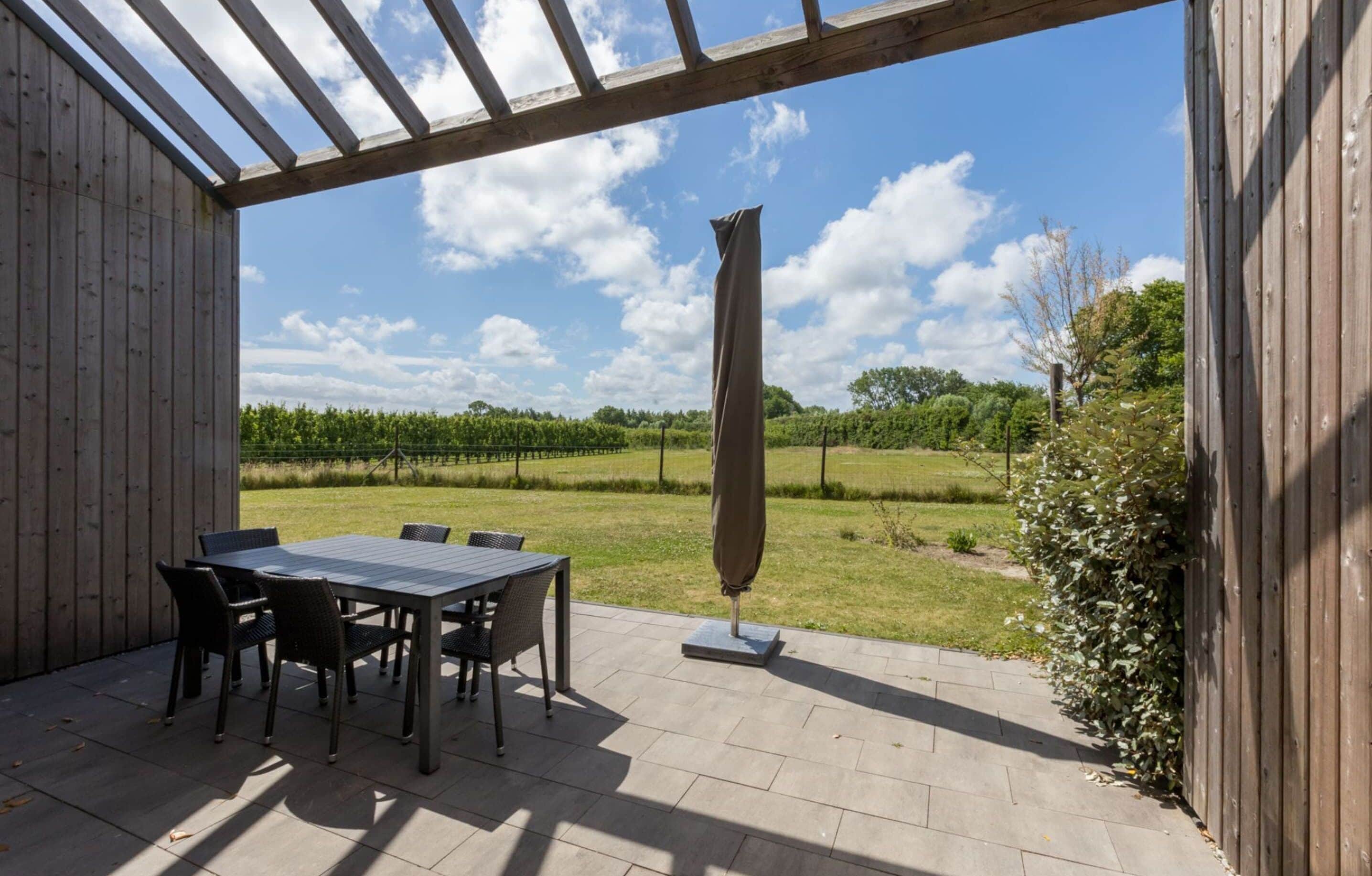 En udendørs terrasse med et bord, stole, en pergola og udsigt til en vingård.