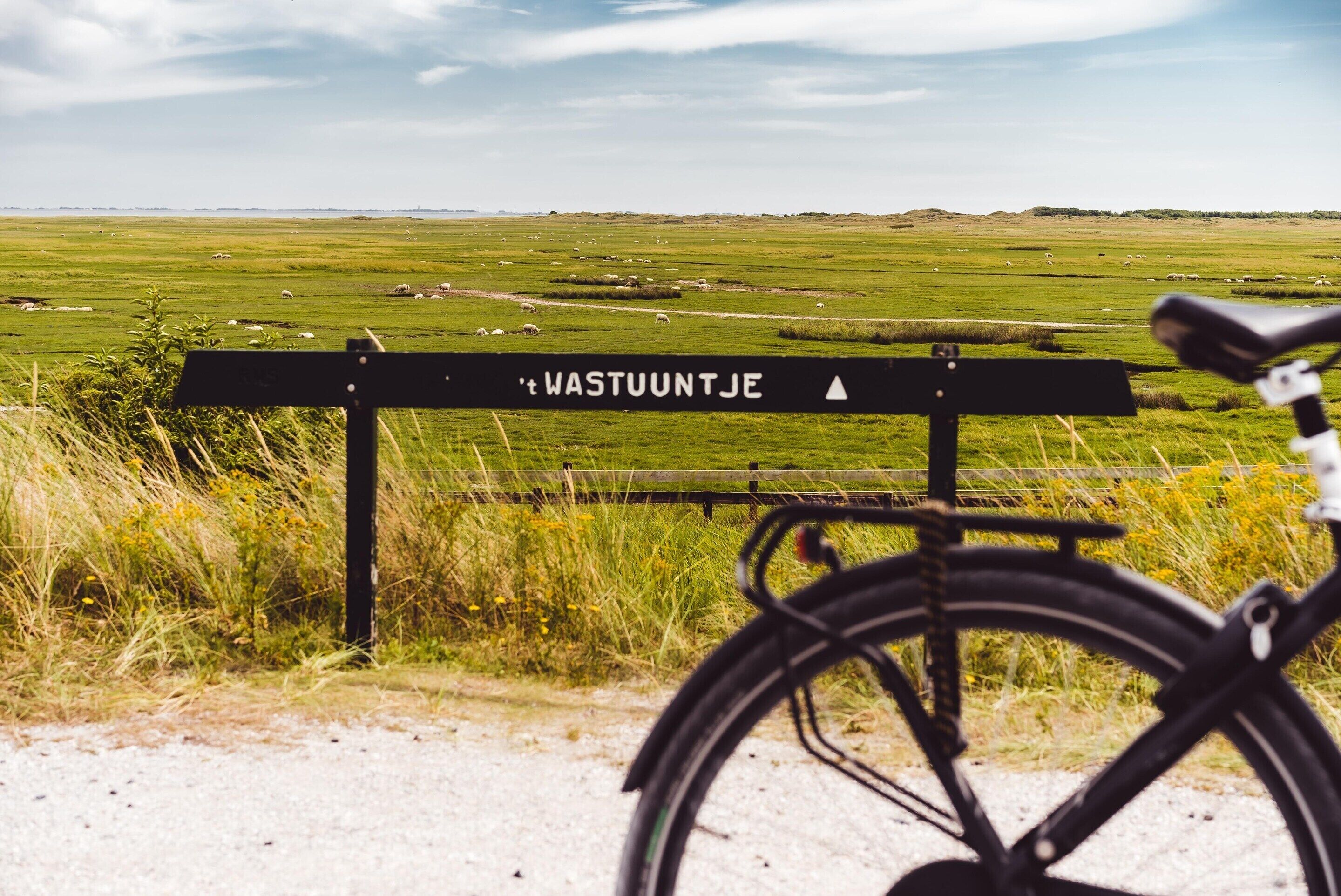 Een fiets geparkeerd voor een bord met de tekst 'WASTUUNTJE' en een driehoekig symbool.