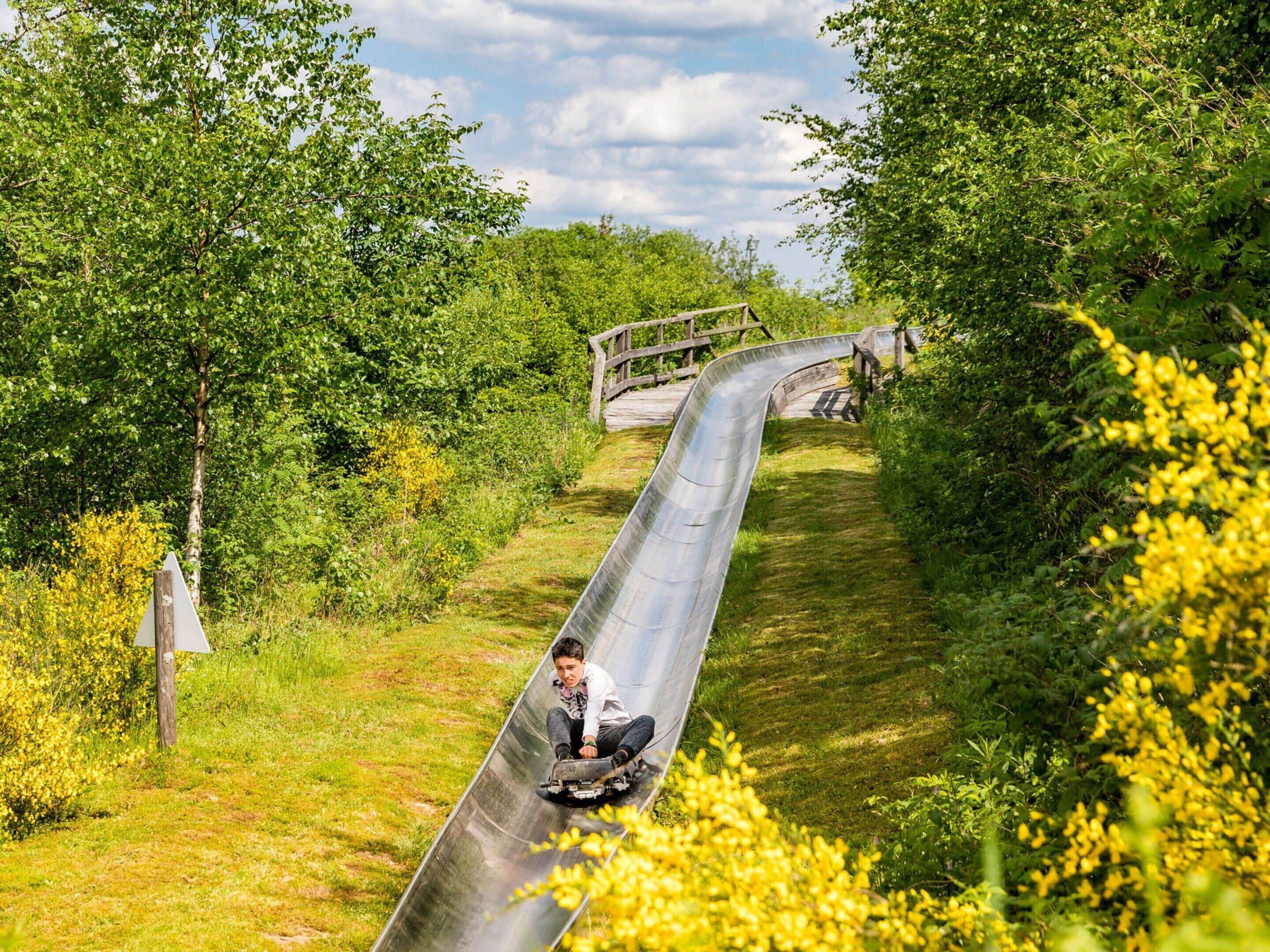 A person on a slide in a park with trees and a wooden bridge.