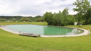 Een groot, ovaal zwembad met een houten terras en een klein steigerje, omringd door gazons en bomen.