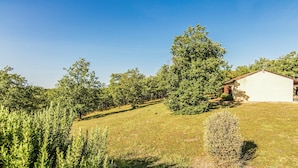 A house with a sloped roof, surrounded by a grassy yard and trees. - Holiday Home With Swimming Pool (Salignac-Eyvignes)