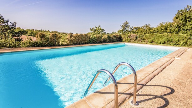 A clear swimming pool with a metal ladder, surrounded by greenery and a clear sky. - Holiday Home With Swimming Pool (Salignac-Eyvignes)