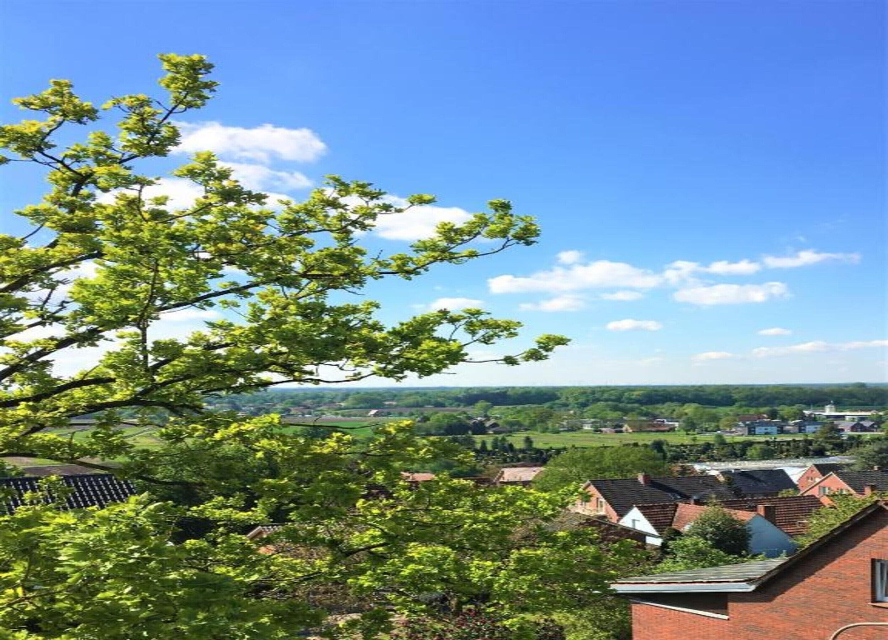 A residential area with houses and a tree in the foreground.