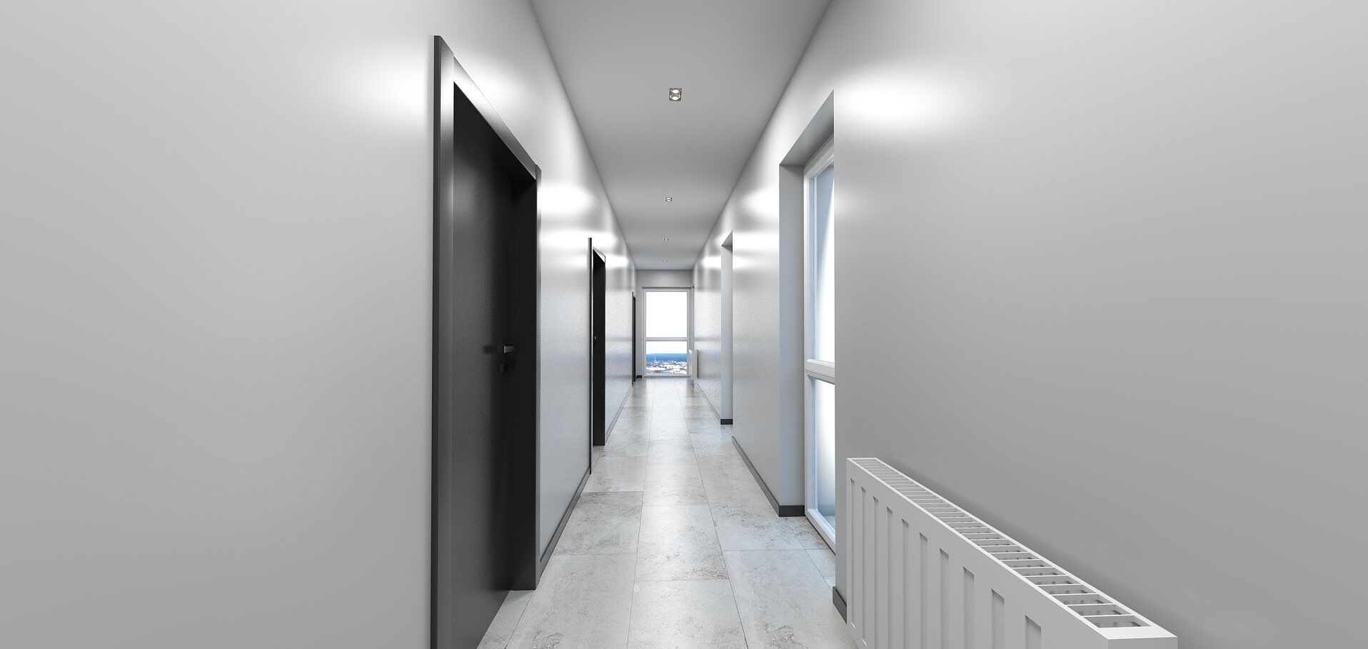 A long, narrow hallway with a tiled floor, white walls, and a radiator on the right.