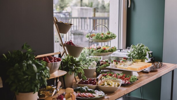 Una mesa de buffet con diversos alimentos y una planta en maceta.