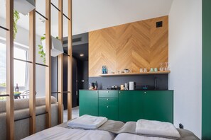 Estúdio conforto | Cozinha privada | Frigobar, cooktop, máquina de café expresso, cafeteira/chaleira
