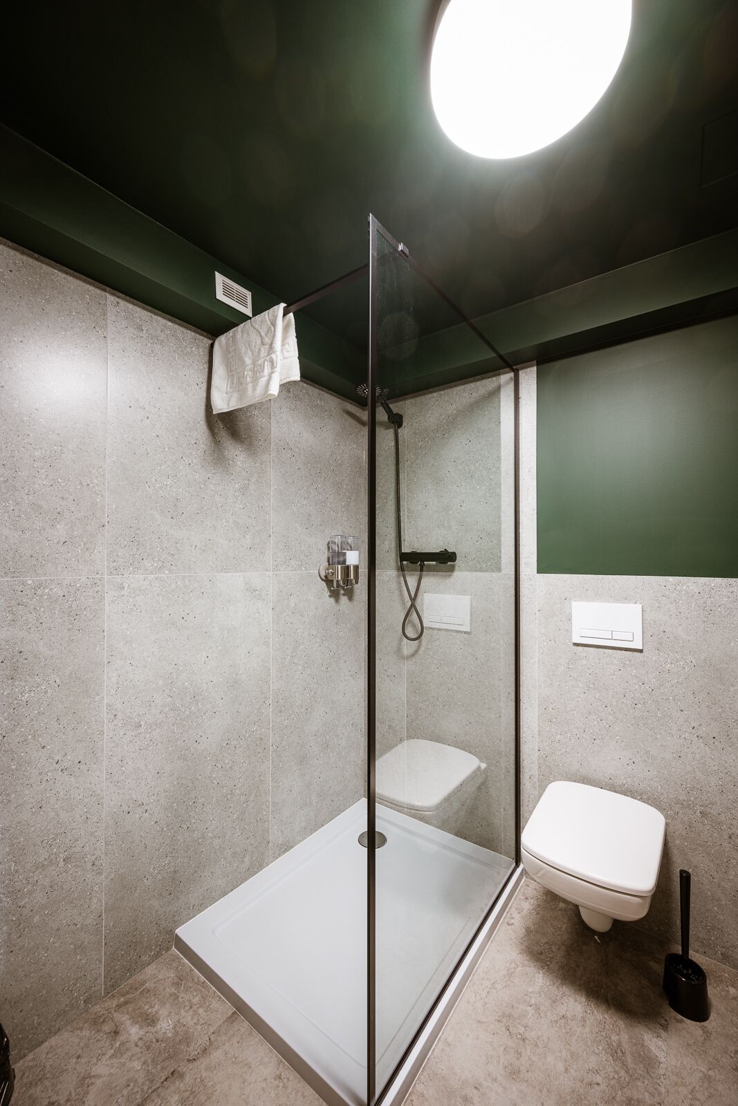A modern bathroom with a glass-enclosed shower, a toilet, and a sink.