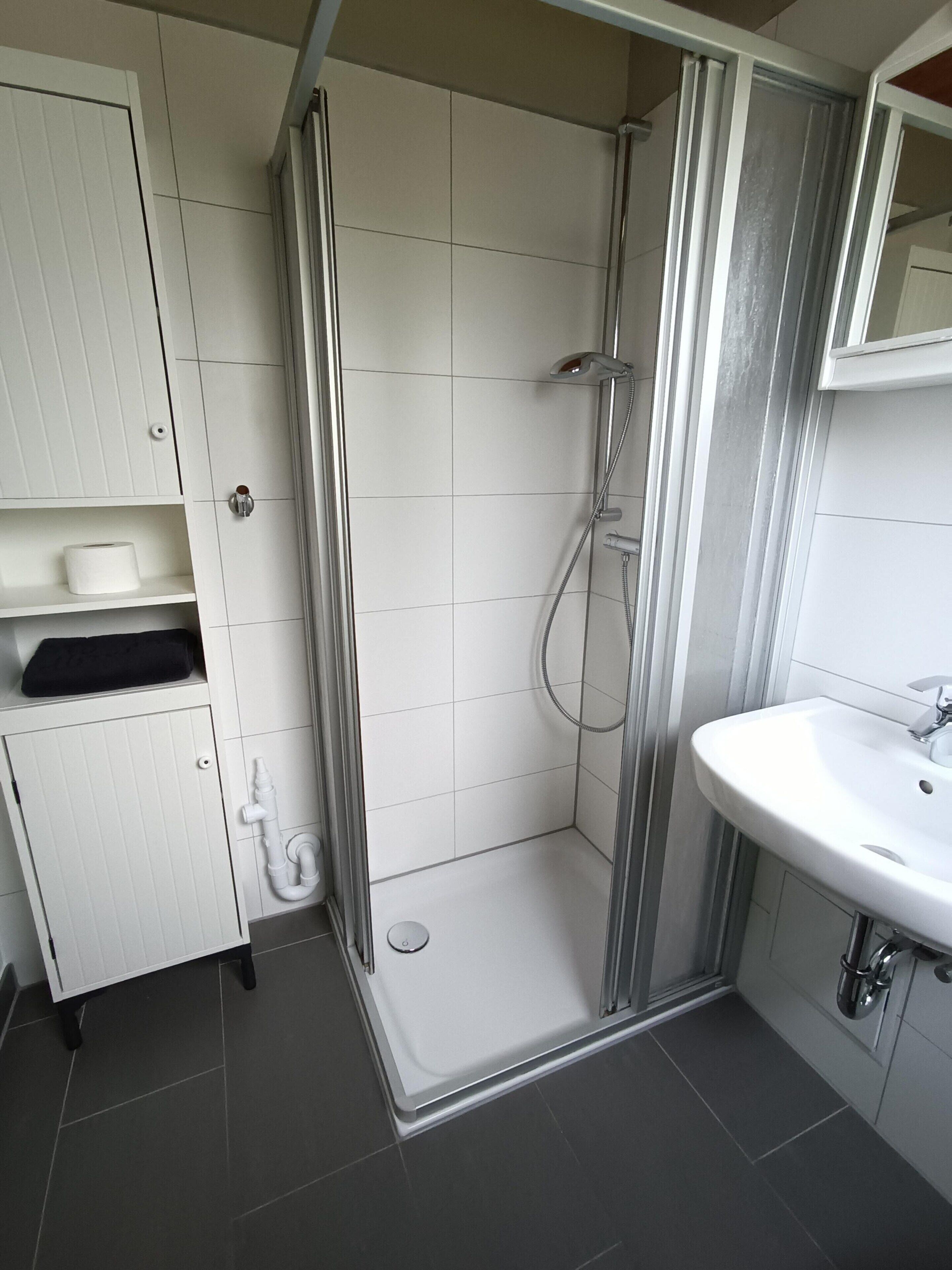 Ein modernes Badezimmer mit Dusche, Waschbecken und Stauraumschrank.