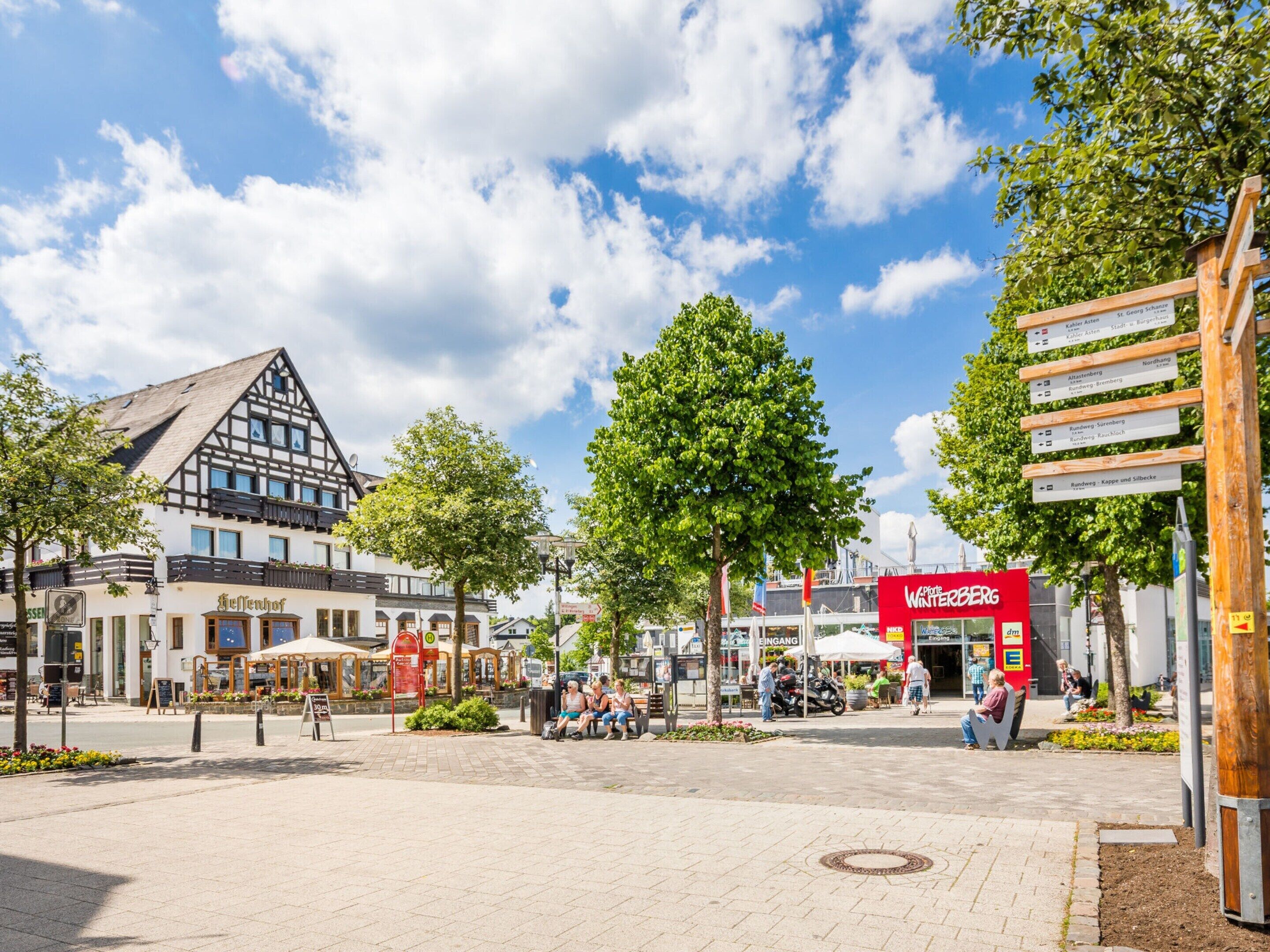 A town square with a traditional half-timbered building, a sign for 'Vineberg' restaurant, and a directional signpost.