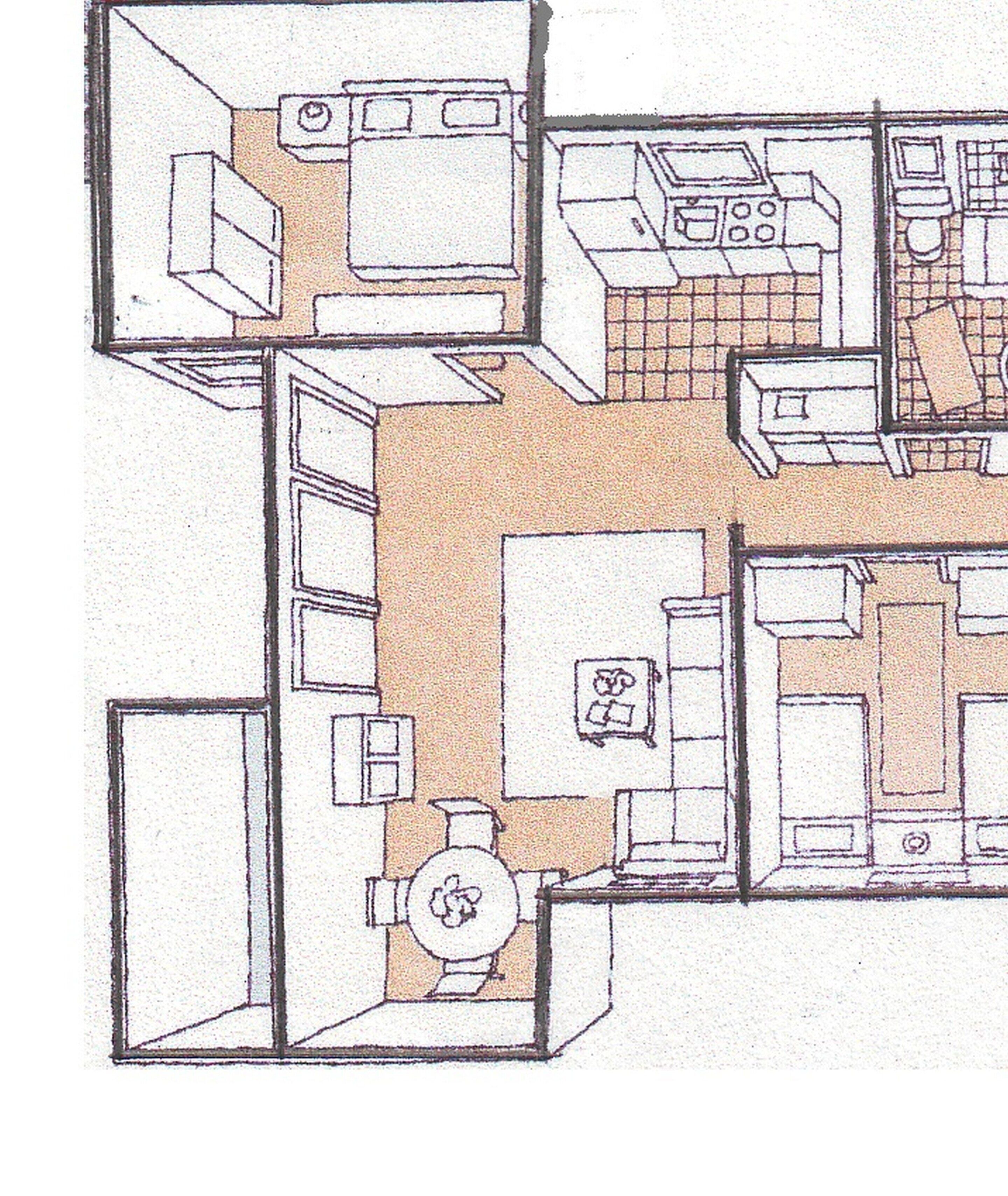 A floor plan with a kitchen, dining area, and two bedrooms.
