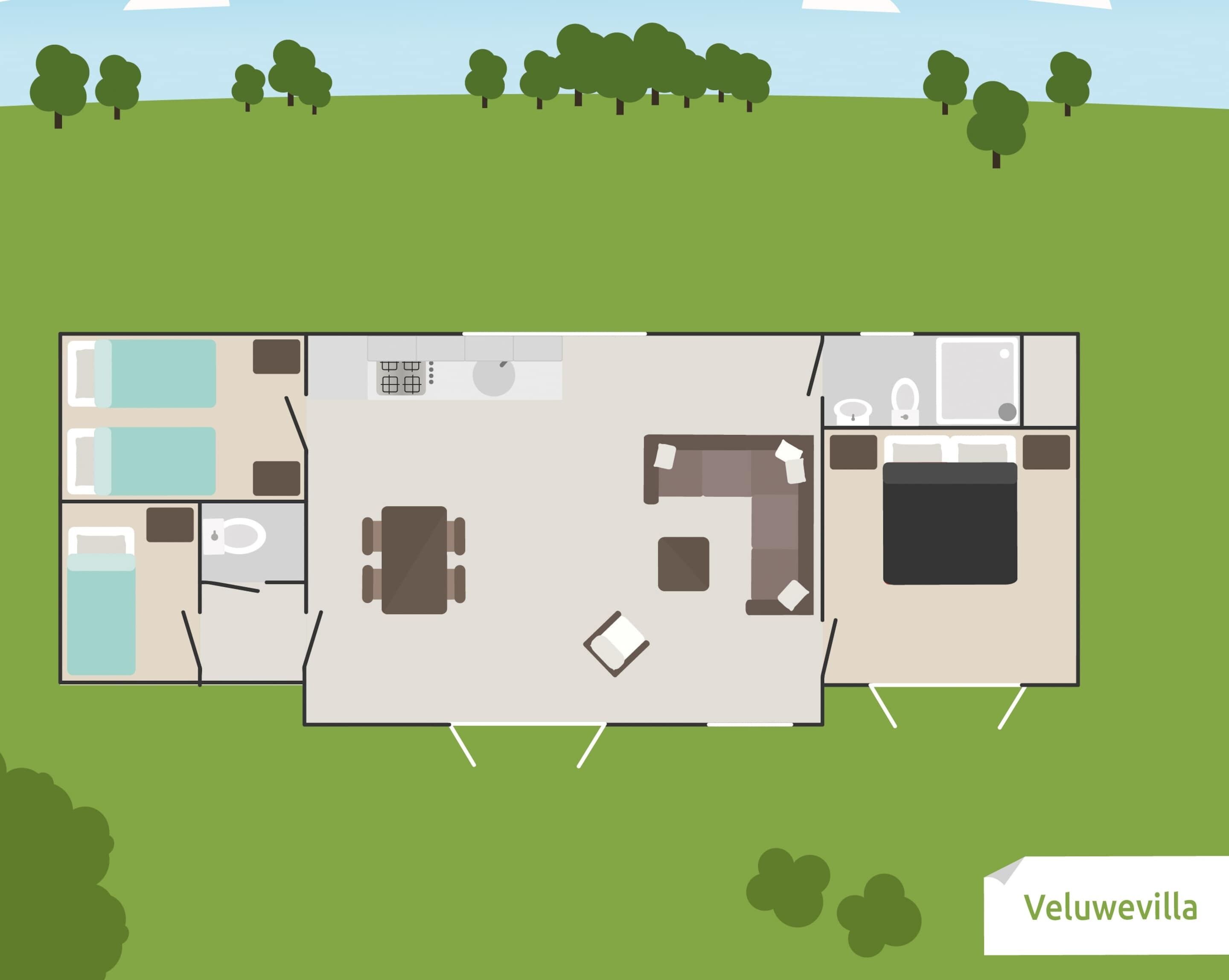 A floor plan of a house with a kitchen, dining area, two bedrooms, a bathroom, and a living room.