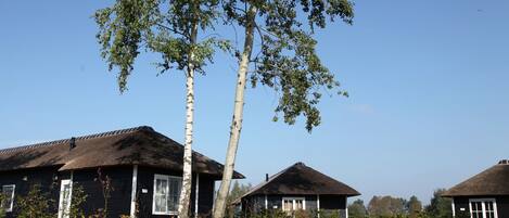 A row of traditional black wooden houses with thatched roofs, surrounded by trees and a clear sky.