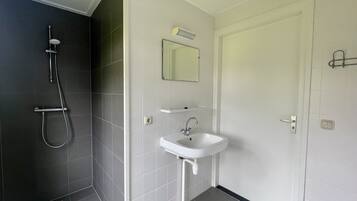 A modern bathroom with a shower, sink, and mirror.