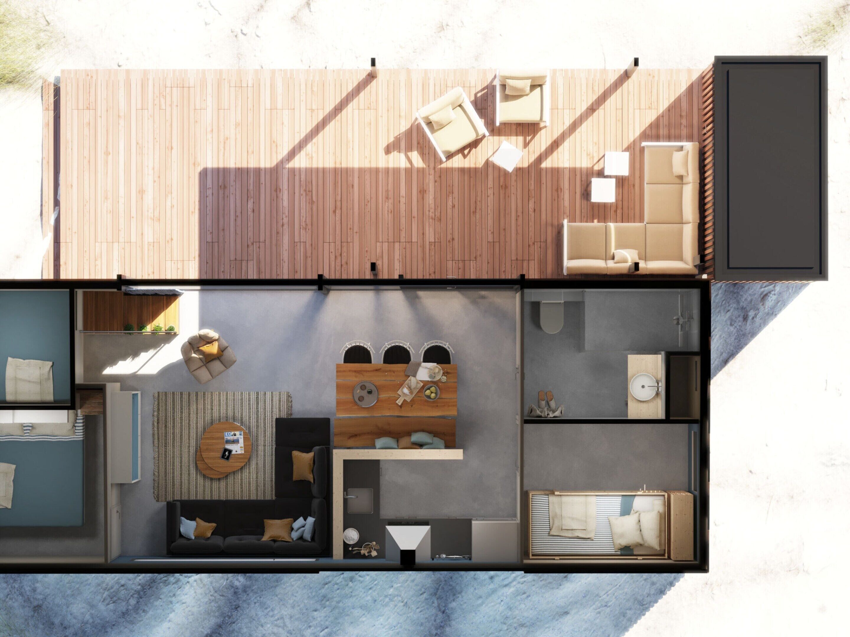A modern, open-plan living area with a wooden deck, a sofa set, a dining table, and a kitchen area.