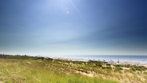 Una playa con dunas, cielo despejado y el océano al fondo.