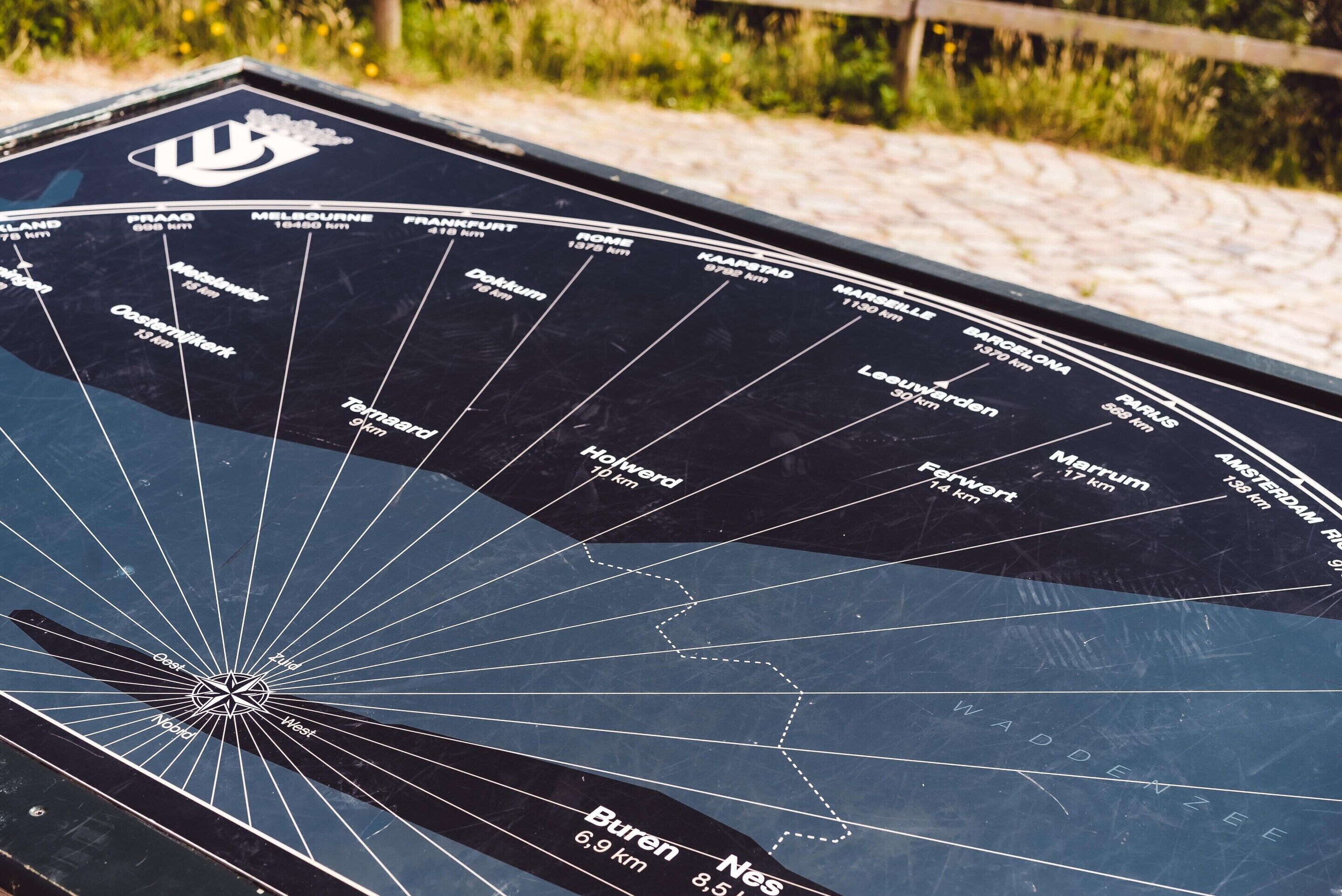 A star chart with city names and distances in kilometers.