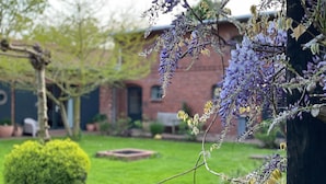 A garden with a brick building, a green lawn, and a bush. - Idyllische Wohnung in der Nahe des Saaler Boddens (Saal)