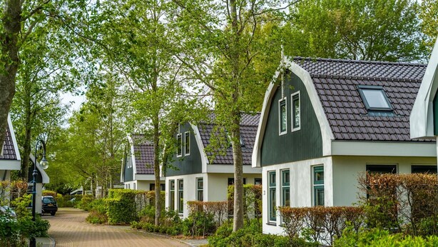 A row of traditional houses with sloped roofs and dormer windows, surrounded by lush greenery and a paved driveway. - Nice Holiday Home With Dishwasher, in Schoorl (Schoorl)
