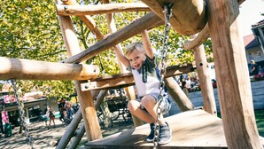 A wooden play structure with a child climbing. - Detached Family Villa With Sauna (Weert)